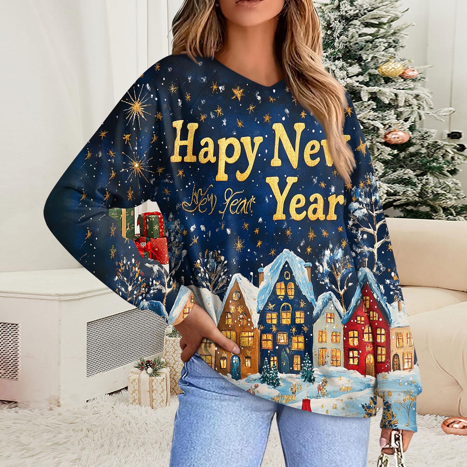 

Женская повседневная модная удобная толстовка с рукавом реглан и V-образным вырезом с рождественским принтом S синий