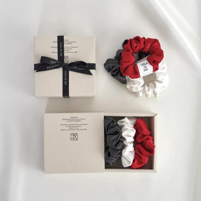 Baby Scrunchie 3-Set (Off-white/Cherry red/Charcoal) Silk Scrunchie Set