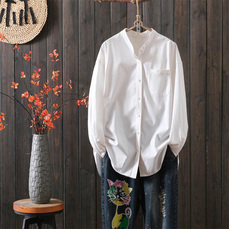 Women s Japanese Retro Khaki Stand Collar Shirt Jacket 2026 L белый