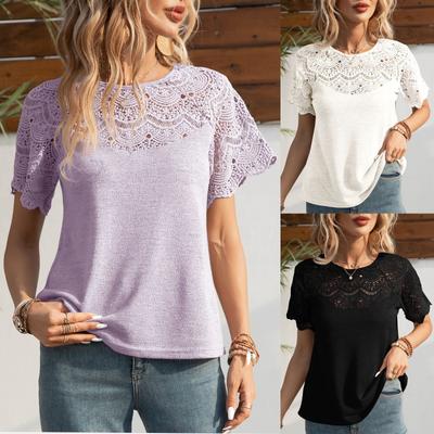 European And American Fashion Round Neck Lace-Panel Raglan Short-Sleeved T-Shirt Top