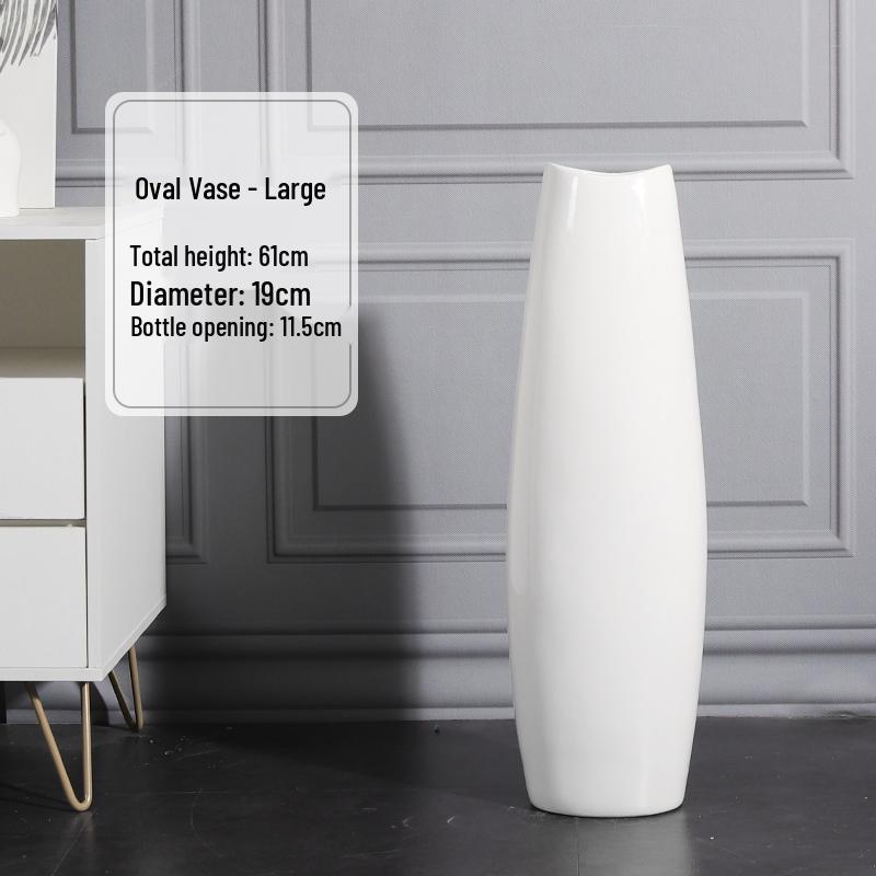 Nordic Minimalist Ceramic White Floor Vase for Dried Flowers and Lucky Bamboo, Living Room Decor