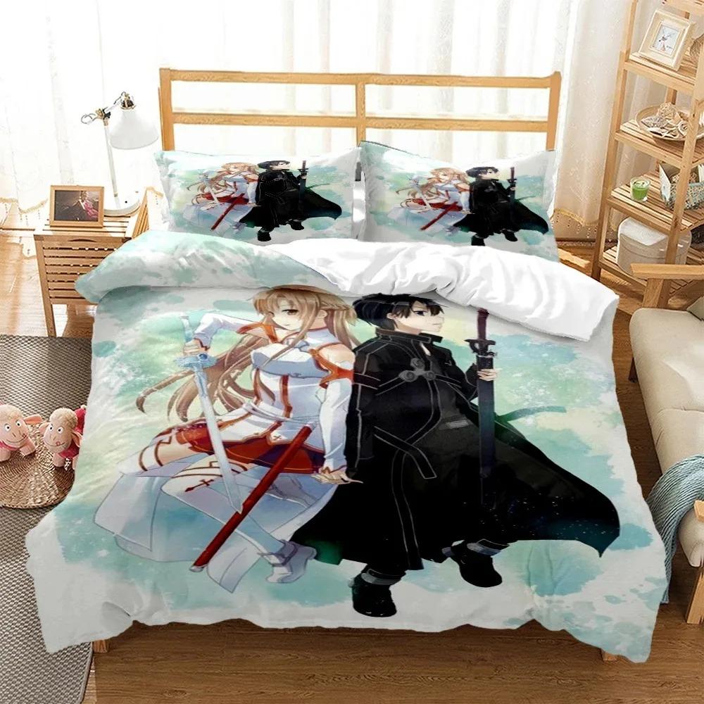 SAO Anime Art Print Three Piece Bedding Set Fashion Article Beds Quilt Covers Pillowcases Duvet Cover for Boys Adults