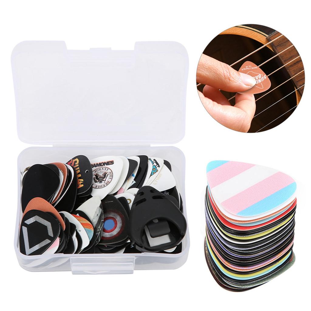 100 ცალი გიტარის ფირფიტების ნაკრები Rock Celluloid მუსიკალური ინსტრუმენტის აქსესუარები ფირფიტის სამაგრი