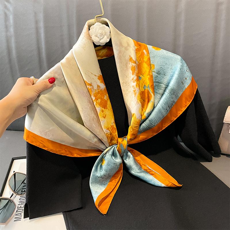 New Print Silk Satin Muslim Scarf Luxury 90cm Shawl Wrap Neckerchief Female Wraps Echarpe  Bandana Hijab Head Scarve Gift