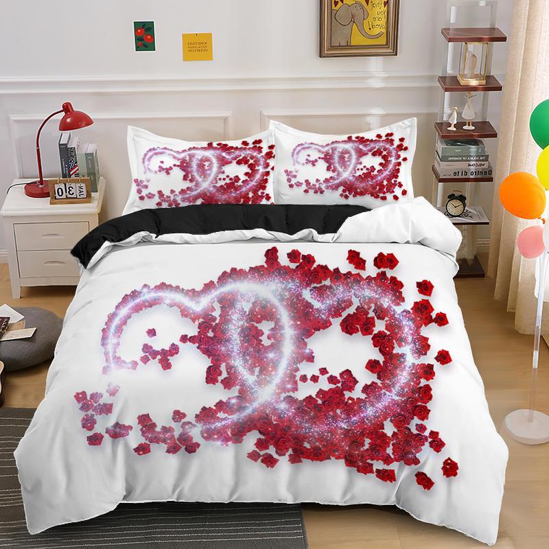 Red Rose King Queen Duvet Cover Valentine's Day Wedding Couple Flower Bedding Set 2/3Pcs Love Heart Floral Polyester Quilt Cover
