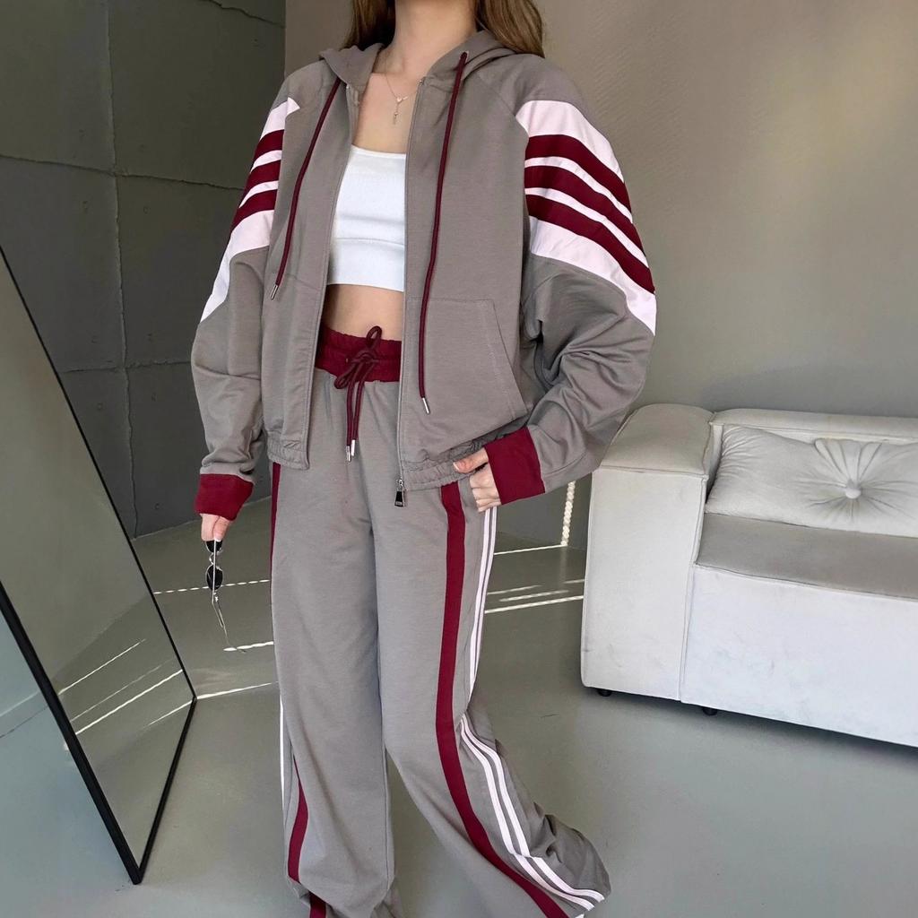 Amazon Cross-border Fashion Casual European and American Suit Women's Long-sleeved Striped Contrasting Zipper Cardigan Lace-up Pants Two-piece Set
