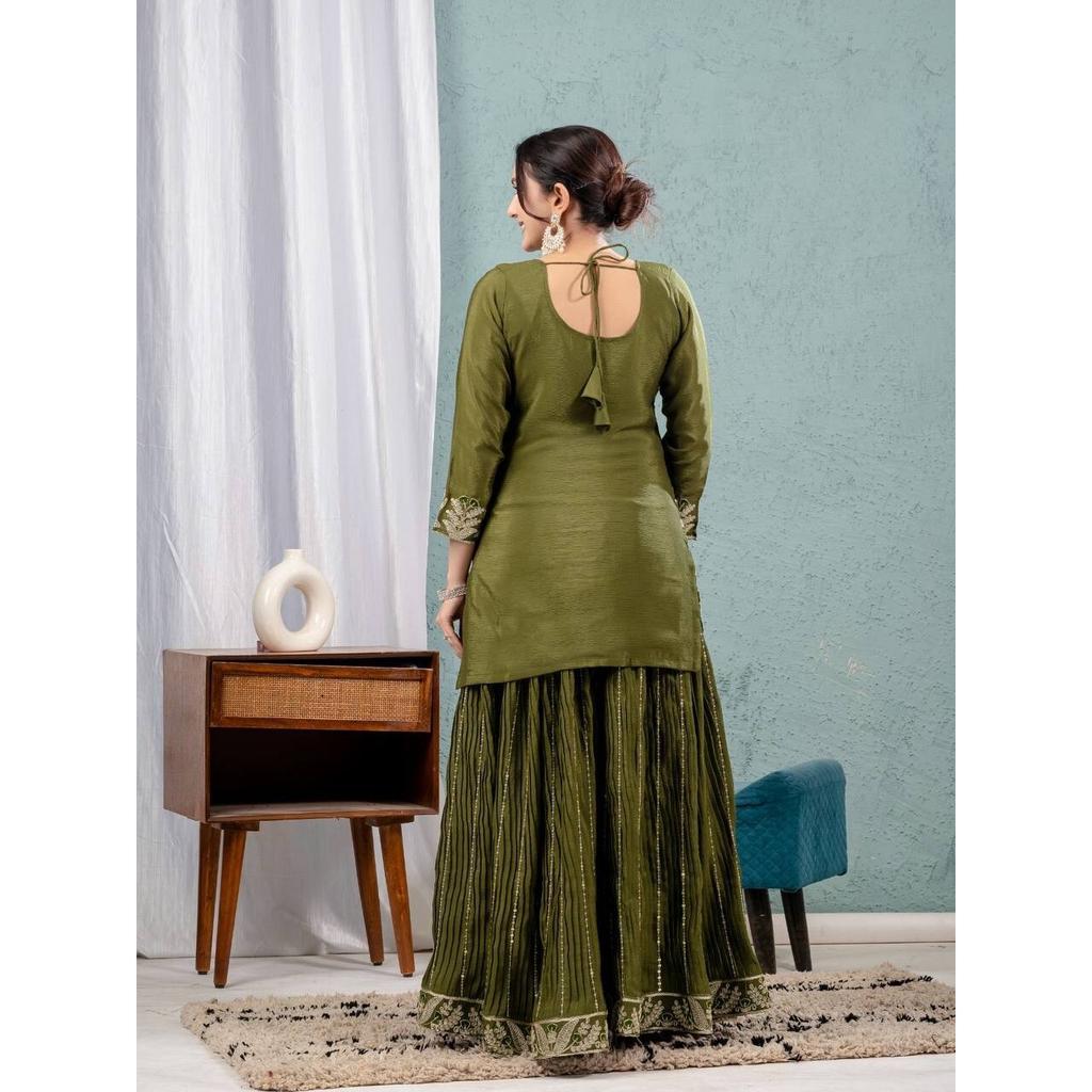WOMEN ETHNIC CHINNON SILK SHARARA SALWAR KAMEEZ SET INDIAN PAKISTANI PARTY WEAR VFP-1883a