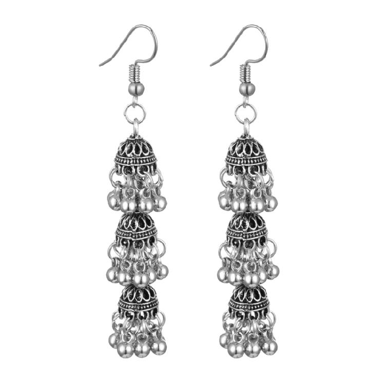 Pair Of Hollow Out Bell Tassels Bohemian Dangling Earrings Three Layer Design Ethnic Style For Women Ideal Present серебряный