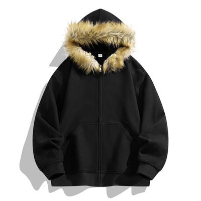 American Retro Hooded Fur Collar Diagonal Placket Thermal Zipper Sweater Men's and Women's European and American Trends