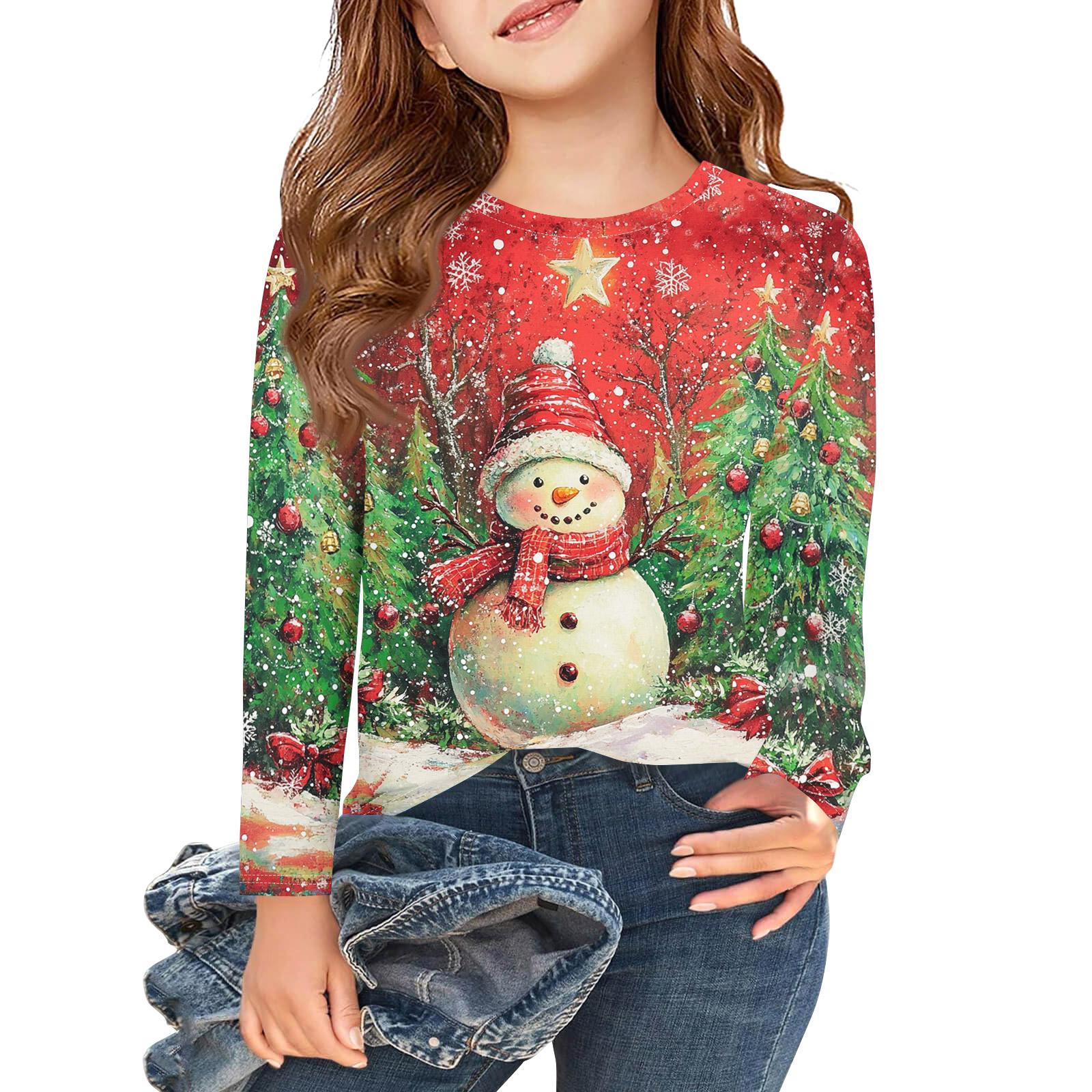 

Рождественские футболки с длинным рукавом для девочек, детские осенние топы с круглым вырезом и принтом, базовые футболки 160