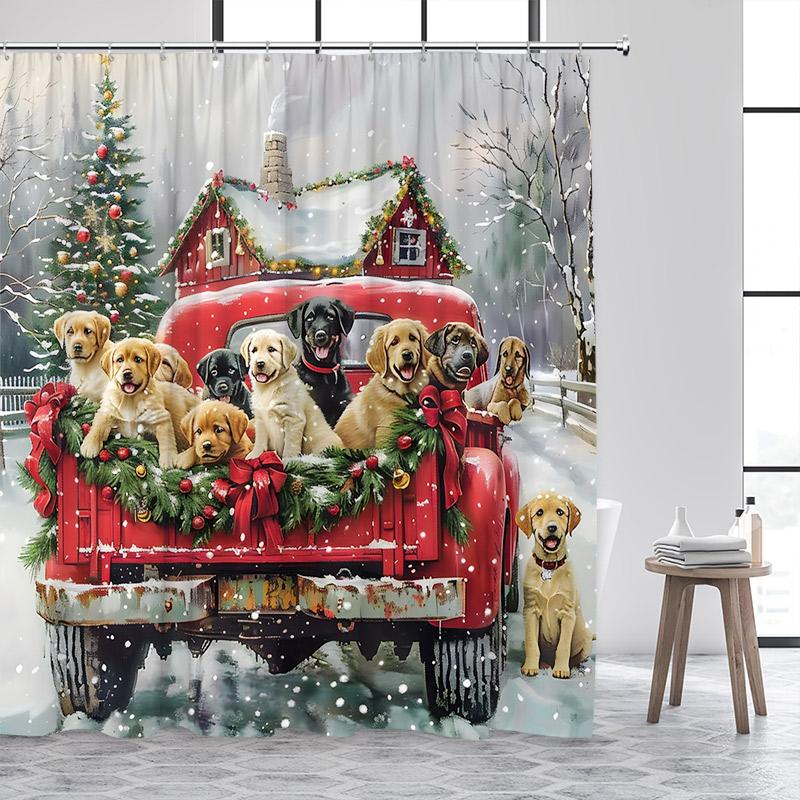 Funny Red Santa Claus Shower Curtain Gold Xmas Balls Gifts White Snowflakes Winter Christmas Bath Curtains Home Bathroom Decor