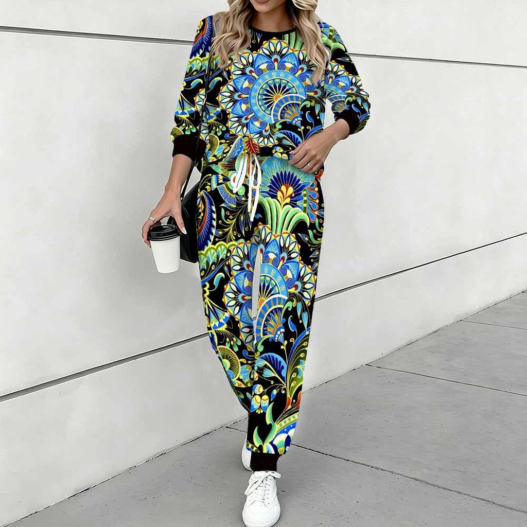 Women Retro Pattern Print Two Piece Outfit, Long Sleeve Crew Neck Top & Drawstring Jogger Pants Casual Tracksuit for Spring Autumn
