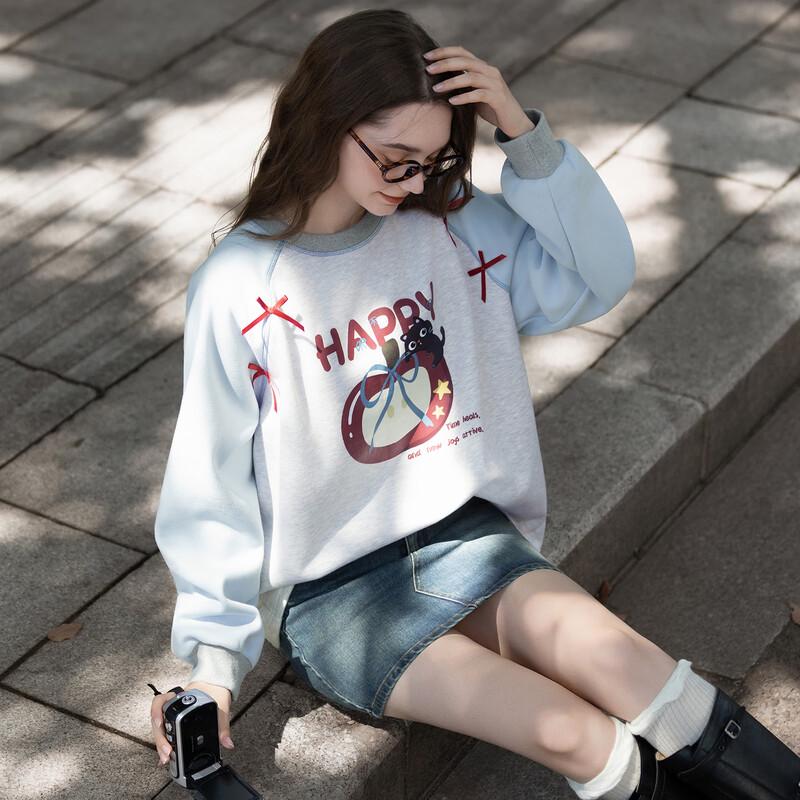 TonLion Women's Fleece Lined Printed Round Neck Sweatshirt