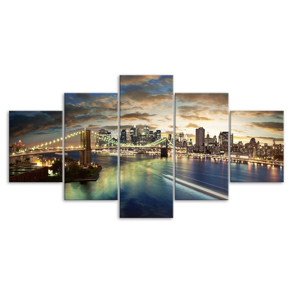 Brooklyn Bridge Manhattan New York Scenery 5 Piece Five Panel Wall Canvas Print Modern Art Poster Home Decor Gift For Him For Her