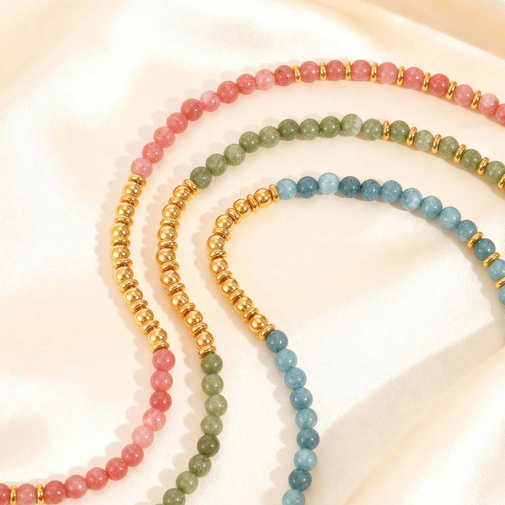 Trendy Colorful Natural Stone Necklace for Women, Stainless Steel Beads Chain Charm Necklace, Waterproof Bohemia Jewelry Gift
