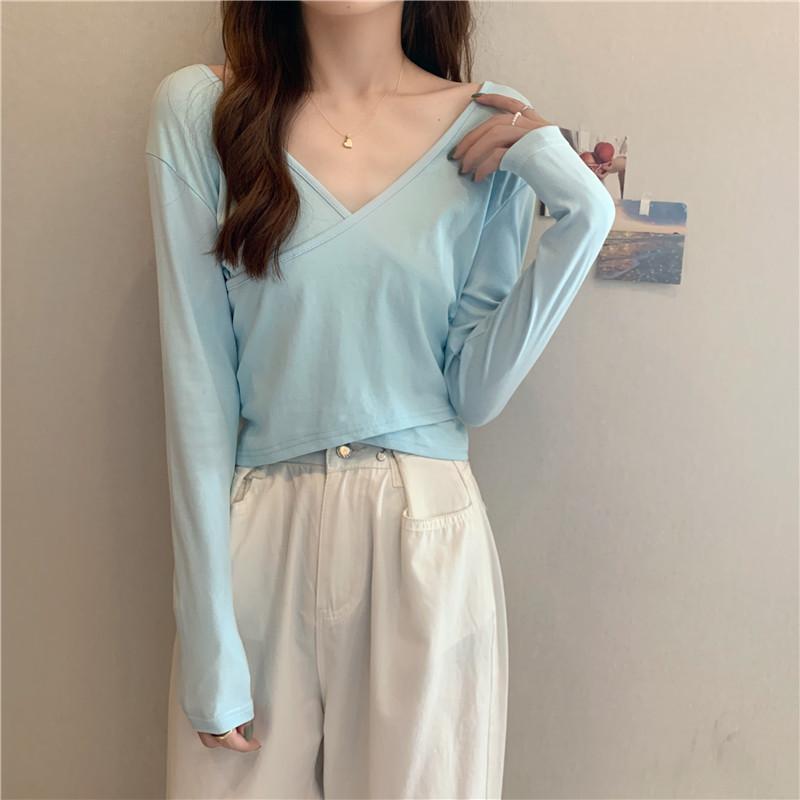 Kurzärmeliges Neues Damen Sommer Trendiges Slim Fit V-Ausschnitt Nabeltop Cross T-Shirt Frühling und Herbst