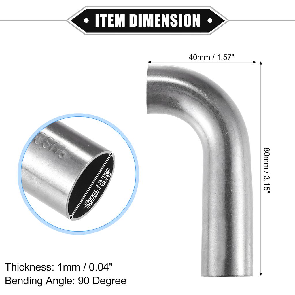 UXCELL 2 Stück 19mm 25mm 32mm 38mm 63mm 90° Bogen Winkelrohr Schlauchrohr DIY Auspuffrohr Lufteinlassrohr für Auto 304 Edelstahl
