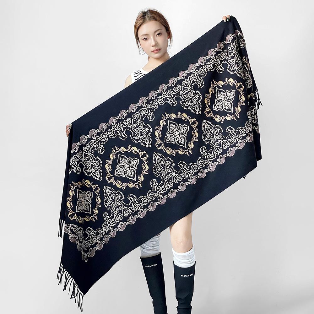 Autumn and Winter New High-grade Imitation Cashmere Scarf Women's Scarf Neck Warm Scarf Dual-purpose Embroidery Decorative Fringed Shawl