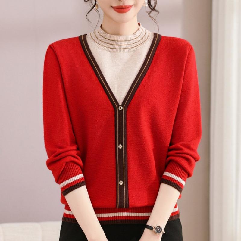 Autumn and winter new fake two-piece knitted long-sleeved sweater women's semi-turtleneck top loose meat-covering fashion bottoming shirt