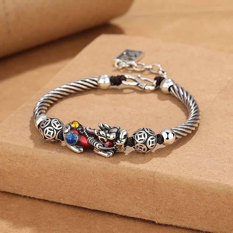 New retro ethnic-style landscape cloisonné enamel Pixiu bracelet, unisex, with an aged finish, handmade with resin and creative weaving techniques