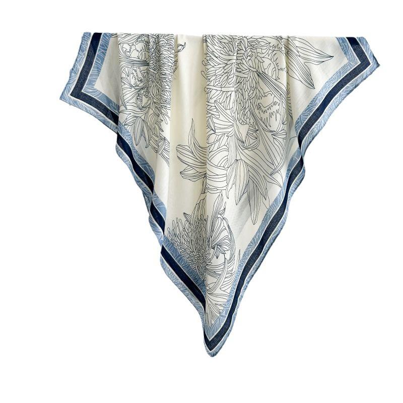 Autumn And Winter White Flower Print Fresh And Elegant 90 Square Scarf Herringbone Shawl Soft Skin-Friendly Warm Scarf