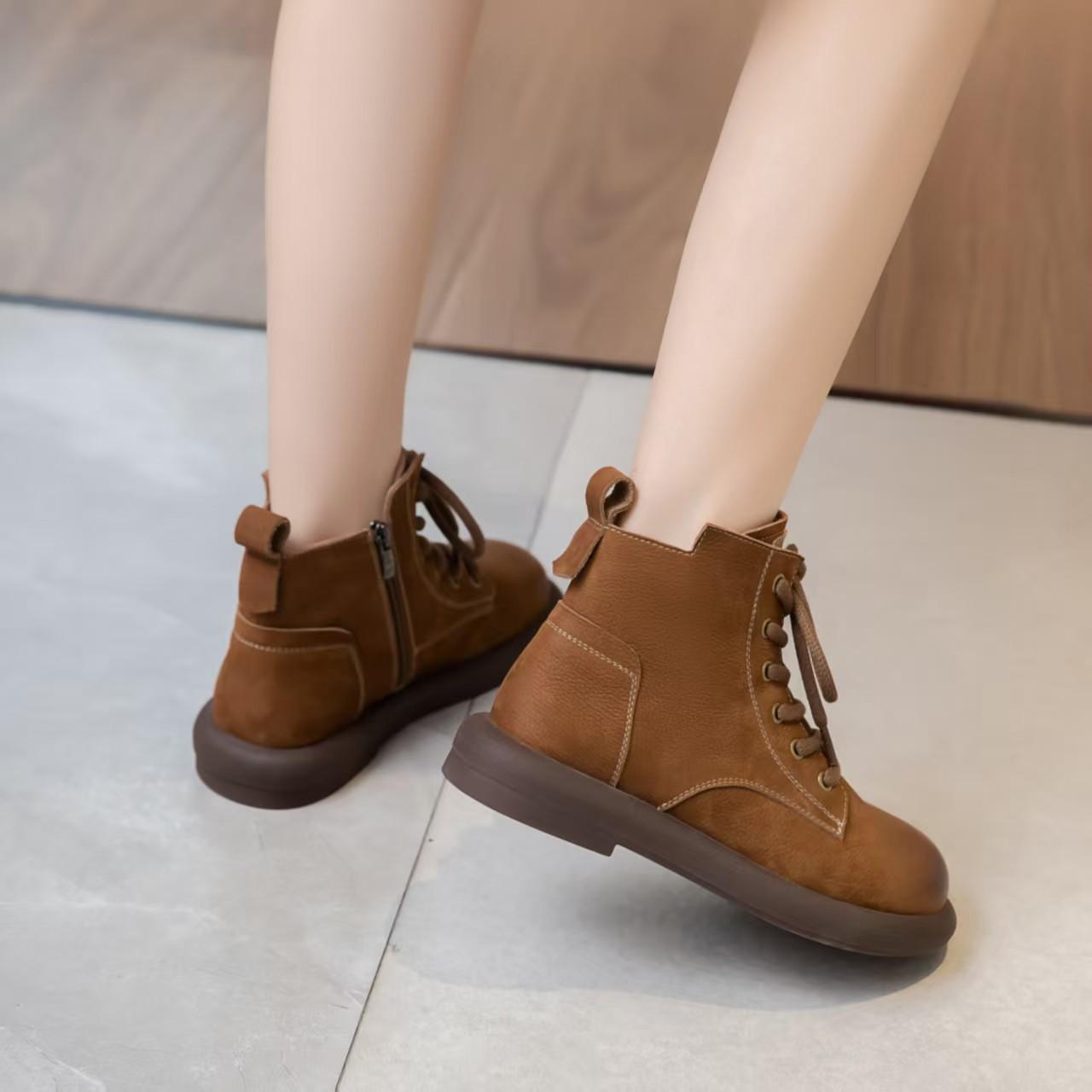 

First layer cowhide short boots women s autumn and winter high-top velvet casual boots retro soft-soled Martin women s boots 40