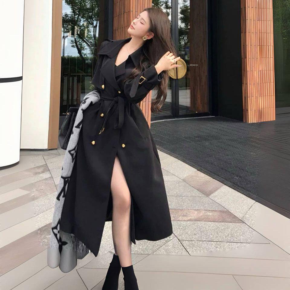 

Women s Mid-Length Black Trench Coat - British Style, Petite Fit, Autumn Collection L, suitable for 131-150 jin