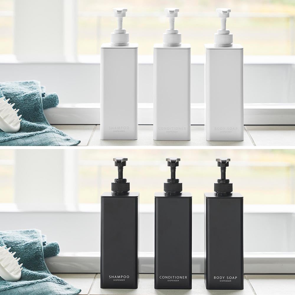 Yamazaki Tower Dispenser with Generous Detergent Dispenser for and Body Soap of Refillable and 1543 Shampoo, Conditioner, (Set 3) Bottles, Black,