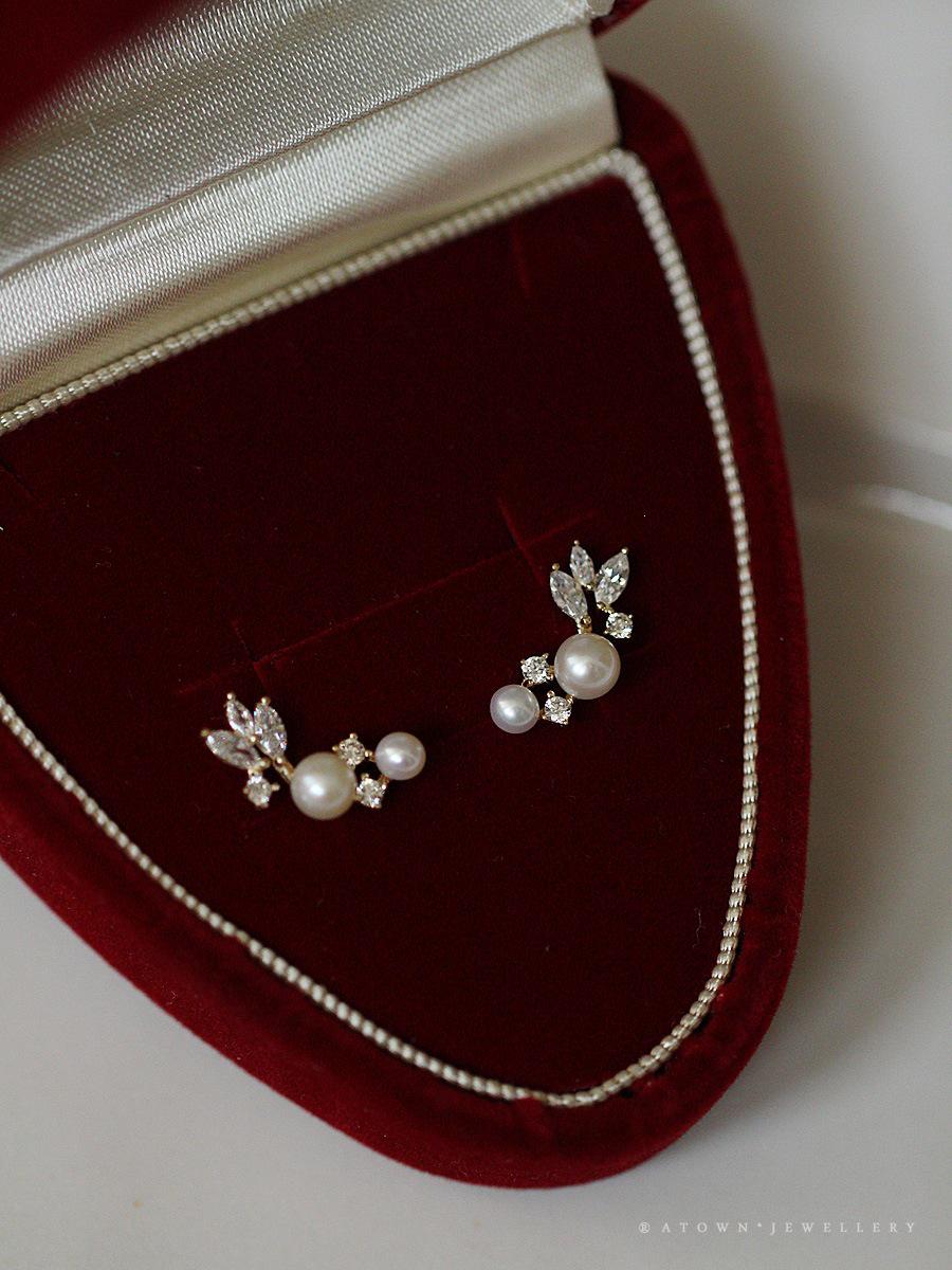 S925 Sterling Silver Feather Pearl & Diamond Stud Earrings for Women 925 Silver
