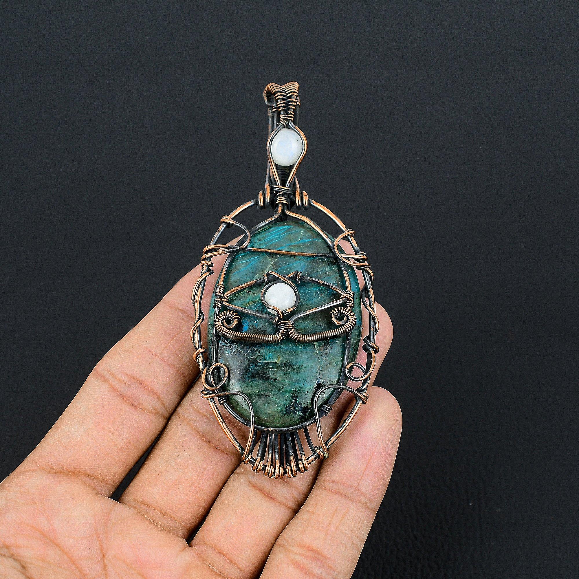 

Neon Blue Apatite & Rainbow Moonstone Gemstone Pendant 999 Copper Wire Wrapped Jewelry, Handmade Antique Pendant Jewelry, Gift For Mother 2.55 Inches