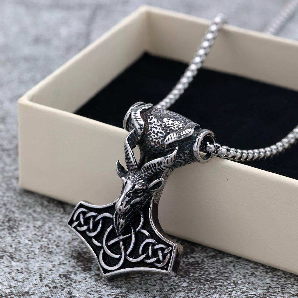 Collar con Colgante Retro de Acero Inoxidable para Hombre Cabeza de Cabra Martillo de Thor