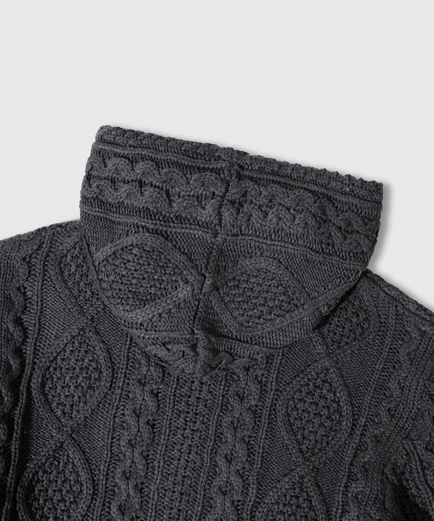 Lemain Second 2Way_Aran Washable Oversized Cable Hooded Zip-Up Knit [Charcoal]