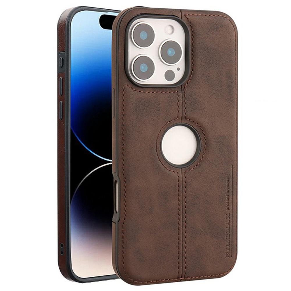 

For iPhone 16 Pro Max Case Central Axis with Logo Cutout PU Leather+PC Phone Back Cover Dark Brown