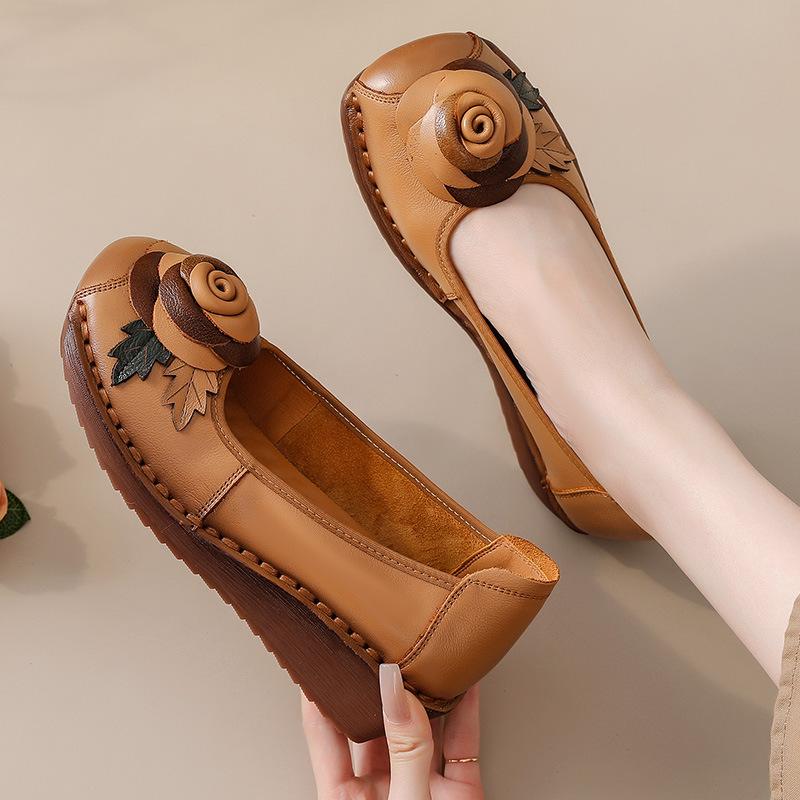 Nuove Scarpe in Vera Pelle di Mucca Donna Autunnali Décolleté con Zeppa Floreale Donna Scarpe Comode Signora Vintage Ballerine Slip-on