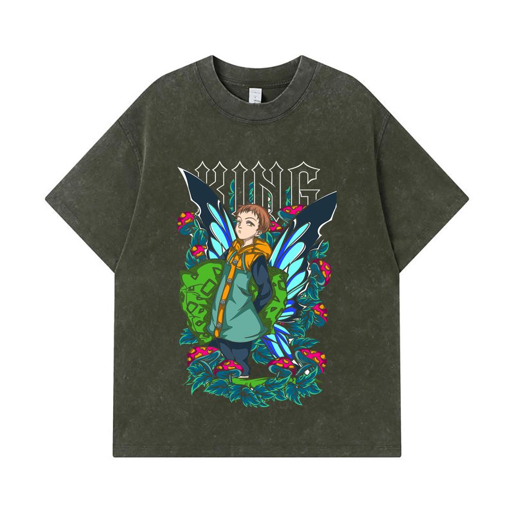 

275 GSM Washed T-shirts 100% Cotton Seven Deadly Sins V6 King Print Unisex Heavy Cotton T Shirt S армия зеленый