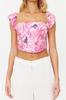 Women's Fashion Pink-Multicolored Crop Lined Corset Detailed Floral Patterned Woven Poplin Bustier