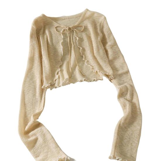 

Солнцезащитный трикотажный кардиган для женщин с завязками спереди, длинными рукавами, прозрачной сеткой, пляжной накидкой с оборками и тонкими рубашками с защитой от ультрафиолета абрикосовый