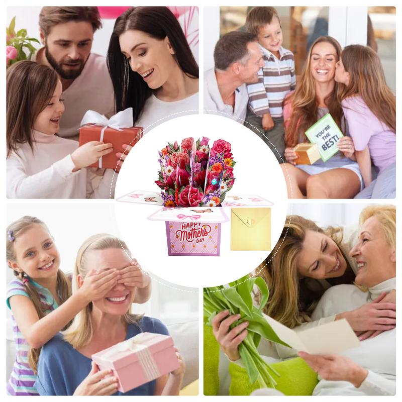 Flower Bouquet Birthday Cards 3D Greeting Pop Up Mothers Day Flower Cards Thank You Paper With Lights And Music Blank Note Card