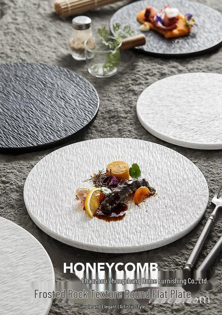 Large Round Ceramic Plate with Stone Pattern - Perfect for Steaks, Cakes, Desserts, and Sushi
