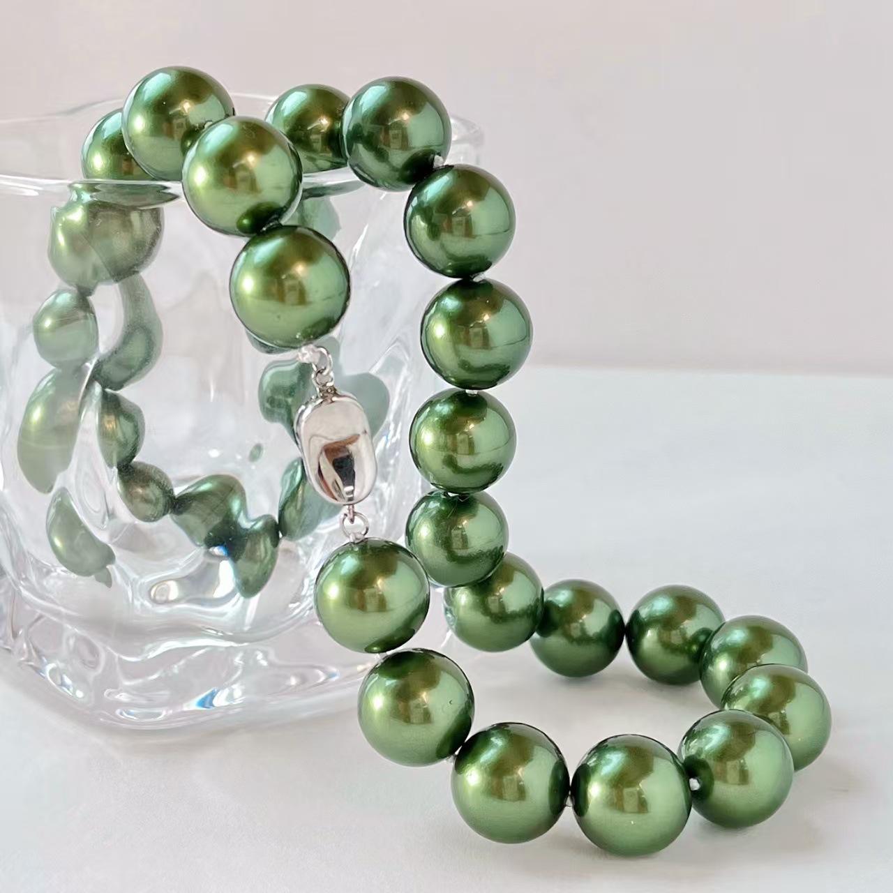 

Vintage 14Mm Large Granular Color Ink Landi Malachite Green Artificial Pearl Necklace Clavicle