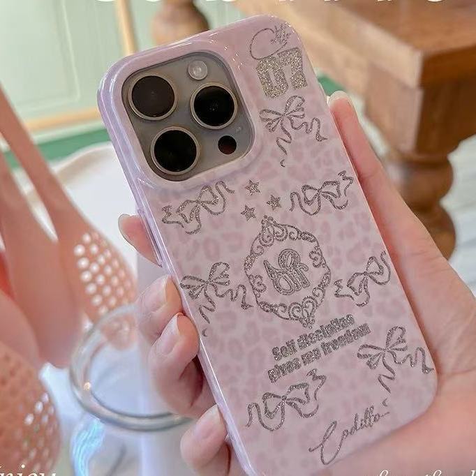 Pink Bow Lace Leopard Print Phone Case for Apple iPhone 16 promax-Soft Silicone Shockproof Creative Cover On iPhone16/15/14/13/12/11/Pro/Plus/Promax