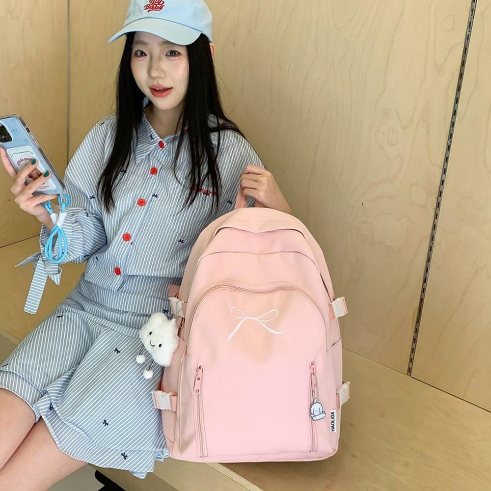 Large Capacity Bow Backpack Solid Color Nylon Shoulder Bag Trendy Korean Style School Bag Children