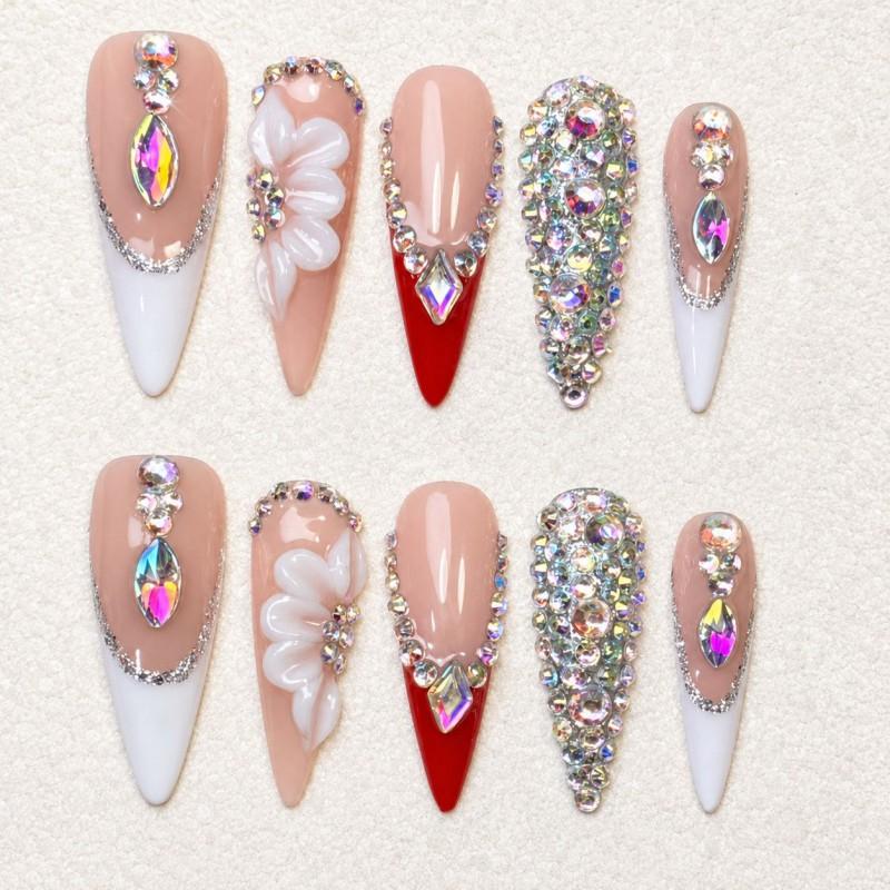 Long Nail Tips With Nude Pink Base Floral Design French Style Press-On Nails Gold Foil Glitter Women Small