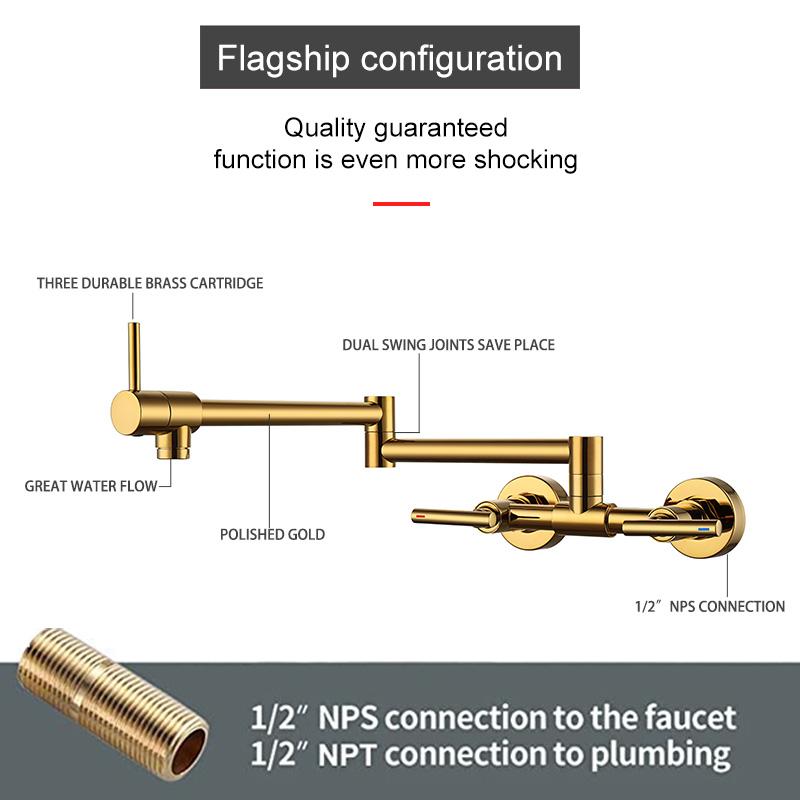 Pot Filler Faucet Wall Mounted Kitchen Mixer Solid Brass Swivel Spout Hot And Cold Water With Dual Handle