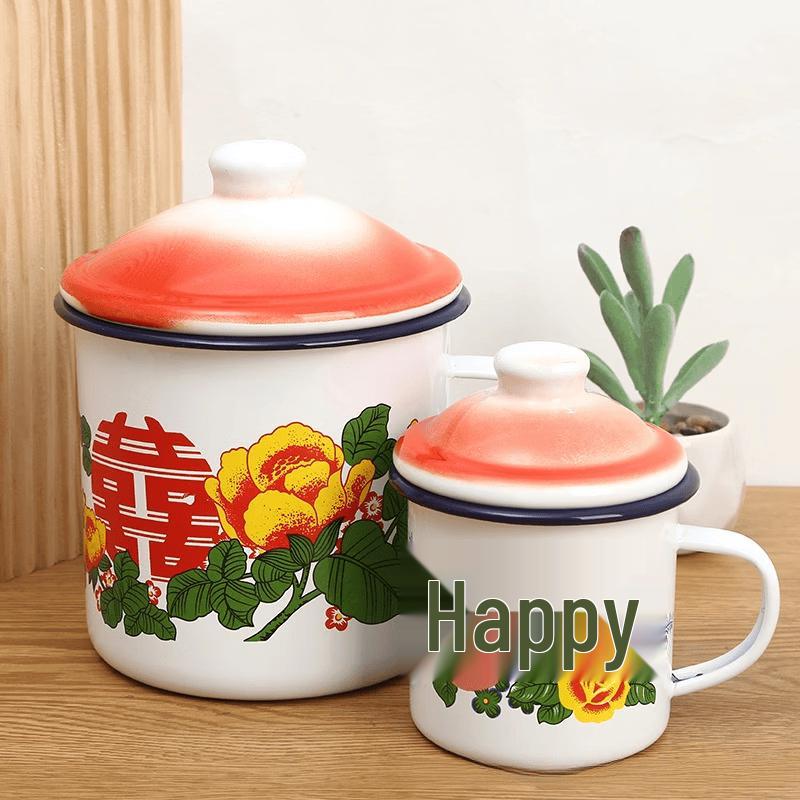 Shangqi Thickened Enamel Mug with Floral Lid