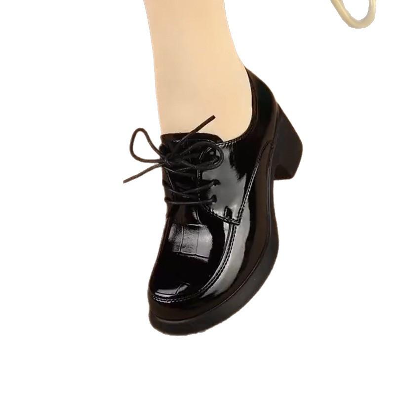 Black lace-up leather shoes women's high heels thick heel single shoes versatile women's shoes medium women's soft-soled dance shoes