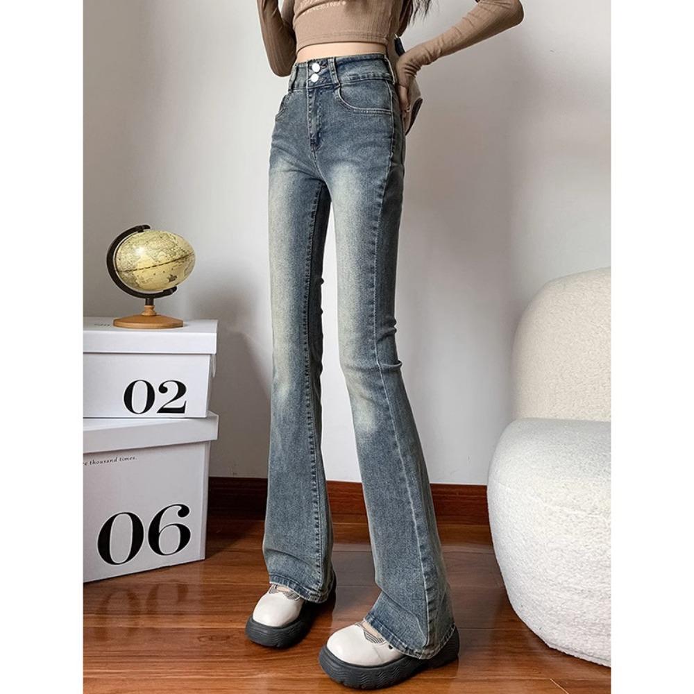 Harajuku Simple High-waisted Micro-pull Jeans Women's Spring and Autumn New Double-buckle Micro-horn Jeans