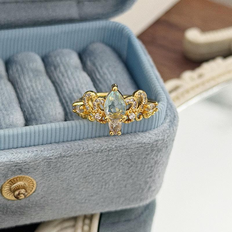Light Luxury Court Style Gold Blue-Green Colored Treasure Open Ring Full Of Diamonds Zircon Gorgeous Jewelry Stacked With High-End Rings