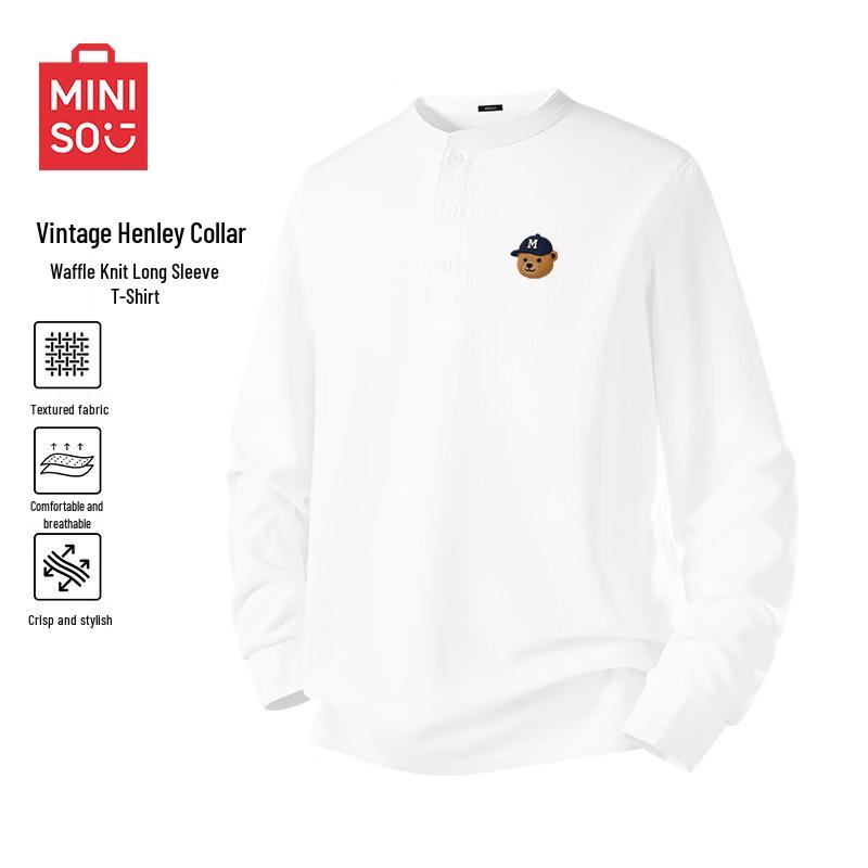 MINISO Мужская вафельная футболка с длинным рукавом и воротником-хенли M