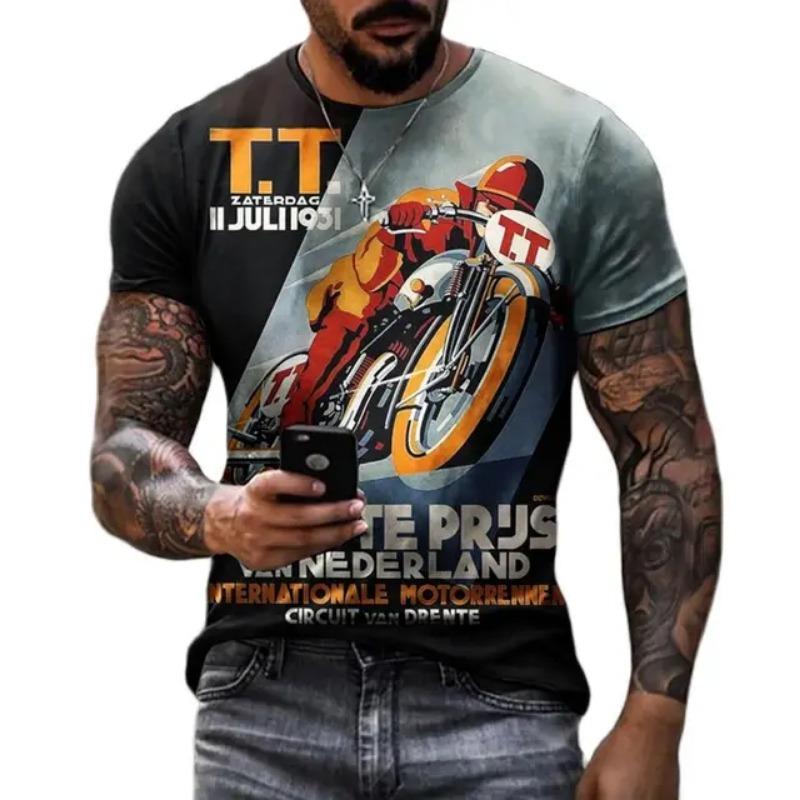 Vintage Men's T-shirts 3D Retro Print Short Sleeve Letter Tops Fashion Oil T Shirt For Mens Motorcycle T-shirts Oversized Tees